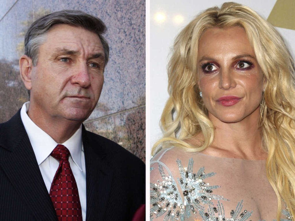 FILE - This combination photo shows Jamie Spears, left, father of Britney Spears, as he leaves the Stanley Mosk Courthouse on Oct. 24, 2012, in Los Angeles and Britney Spears at the Clive Davis and The Recording Academy Pre-Grammy Gala on Feb. 11, 2017, in Beverly Hills, Calif. Britney Spears' father has filed to end the court conservatorship that has controlled the singer's life and money for 13 years. James Spears filed his petition to end the conservatorship in Los Angeles Superior Court on Tuesday, Sept. 7, 2021. (AP Photo/File)